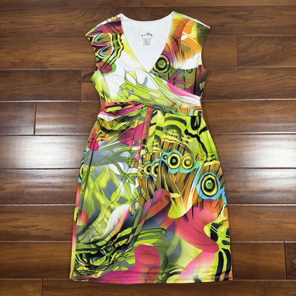 Joseph Ribkoff Size 14 Butterfly Peacock‎ Print Jersey Knit Faux Wrap Dress